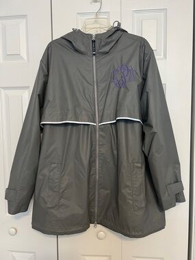Charles River Apparel Gray Hooded Raincoat with Purple Monogram